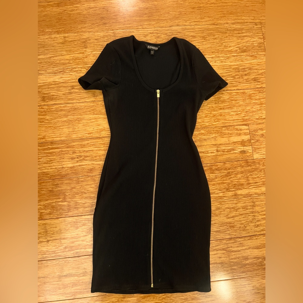 Black Ribbed Zip Up Dress
